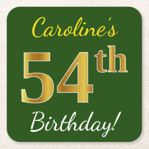 Dessous De Verre Carré Vert, Faux Gold 54e anniversaire + Nom personnalis