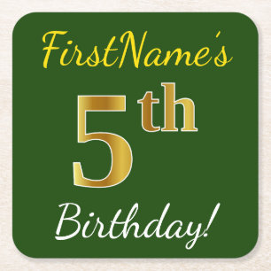 Dessous De Verre Carré Vert, Faux Gold 5e anniversaire + Nom personnalisé