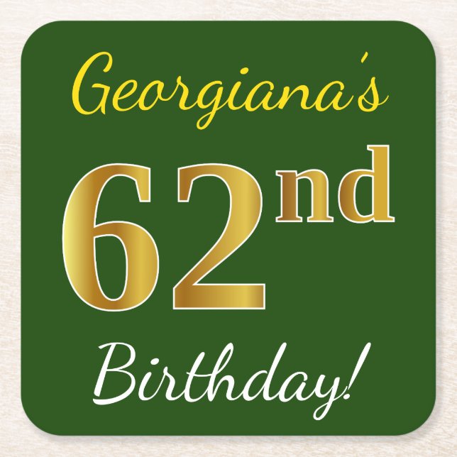 Dessous De Verre Carré Vert, Faux Gold 62e anniversaire + Nom personnalis (Devant)