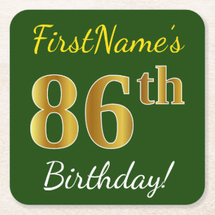 Dessous De Verre Carré Vert, Faux Gold 86e anniversaire + Nom personnalis