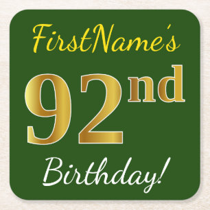 Dessous De Verre Carré Vert, Faux Gold 92e anniversaire + Nom personnalis
