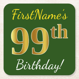 Dessous De Verre Carré Vert, Faux Gold 99e anniversaire + Nom personnalis