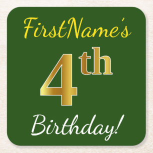 Dessous De Verre Carré Vert, Faux Or 4ème anniversaire + Nom personnalisé