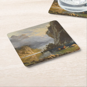 Dessous De Verre Carré Vintage Albert Bierstadt Indiens Speed Fishing