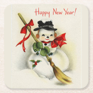 Dessous De Verre Carré Vintage Bonne année Snowman