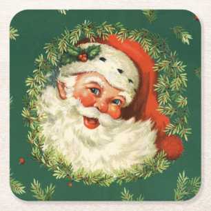 Dessous De Verre Carré Vintage Père Noël et couronne de pin