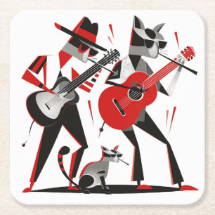 Dessous De Verre Carré Vintage Retro MCM Beatnik Chats Jouer Guitares