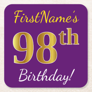 Dessous De Verre Carré Violet, Or Faux 98e Anniversaire + Nom Personnalis