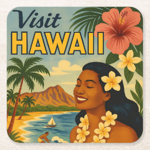 Dessous De Verre Carré Visite Hawaii Tourisme Art Mid Century