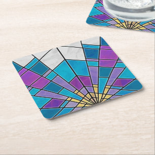Dessous De Verre Carré Vitre Coloré avec Motif Angulaire Bleu et Violet