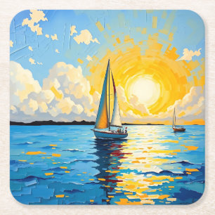 Dessous De Verre Carré Voilier au coucher du soleil
