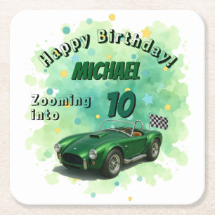 Dessous De Verre Carré Voiture de course verte de fête d'anniversaire 10 