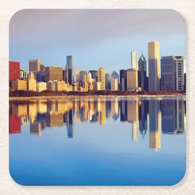 Dessous De Verre Carré Vue d'horizon de Chicago avec la réflexion (Devant)