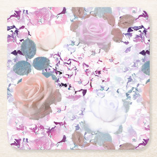 Dessous De Verre Carré Watercolor roses et hydrangeas.