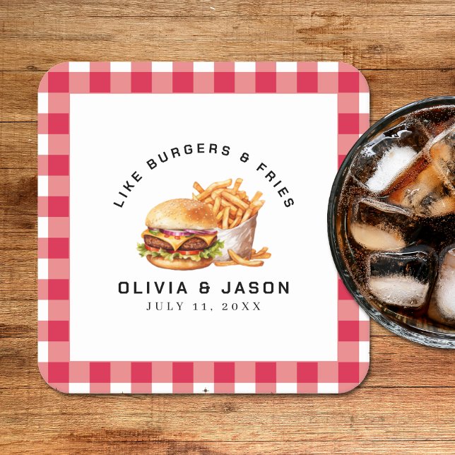 Dessous De Verre Carré Wedding shower de pique-nique Burgers & Fries (Burgers & Fries Picnic Wedding Shower Square Paper Coaster
)