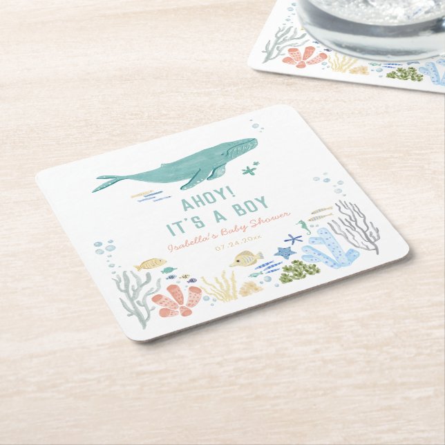 Dessous De Verre Carré Whale Ahoy C'est un Baby shower garçon (Incliné)