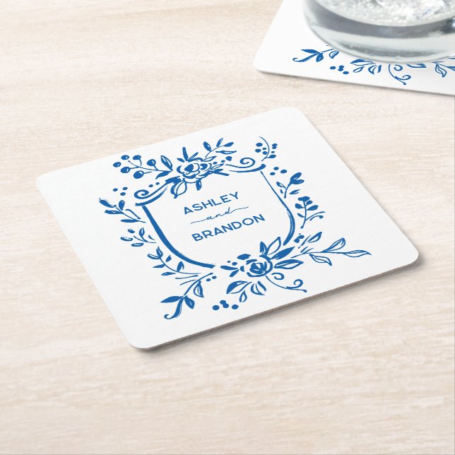 Dessous De Verre Carré Whimsical French Blue Botanical Crest Wedding (Incliné)