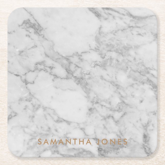Dessous De Verre Carré White Carrara Marble Gold Classic Personalised (Devant)