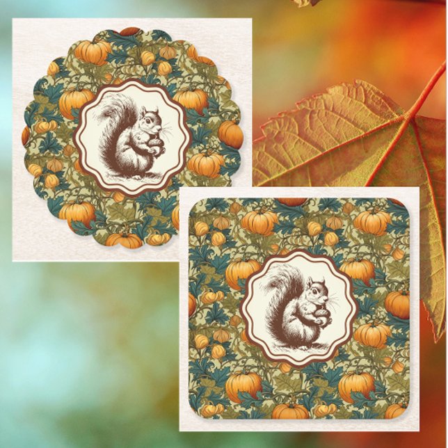 Dessous De Verre Carré William Morris Citrouille d'automne avec Squirrel  (Coasters make a nice hostess gift!)