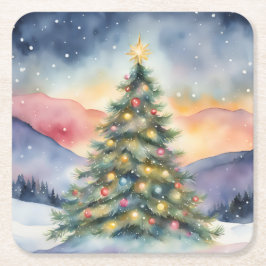 Dessous De Verre Carré Winter Christmas Tree Snowy Sunset Scenery