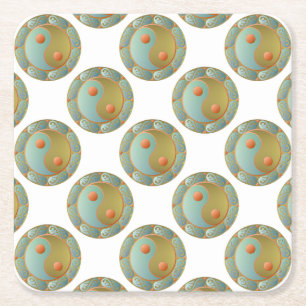 Dessous De Verre Carré Yin Yang médaillon d'or Turquoise