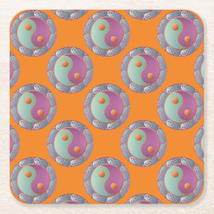 Dessous De Verre Carré Yin Yang Médaillon Violet Turquoise