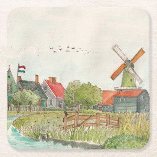 Dessous De Verre Carré Zaanse Schans Zaandam Pays-Bas Aquarelle Poste