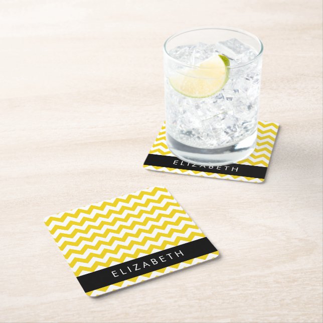 Dessous De Verre Carré Zigzag Jaune, Chevron Jaune, Votre Nom (En situation)
