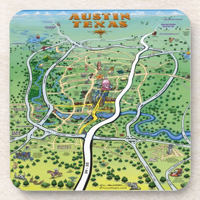 Dessous-de-verre Carte du dessin animé Austin Texas (Devant)