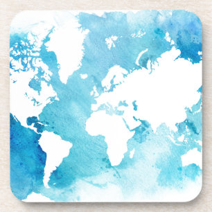 Dessous-de-verre Carte du monde dans des bleus d'aquarelle
