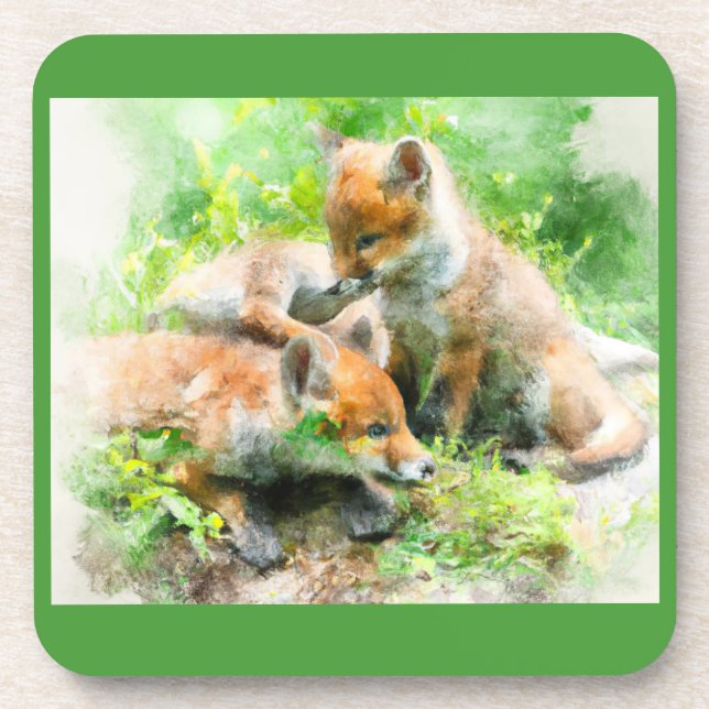 Dessous-de-verre ces mignons petits renards qui jouent au soleil. (Devant)