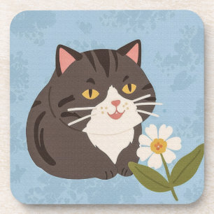 Dessous-de-verre Charmant Petit Chat Gris avec une Fleur de Camomil
