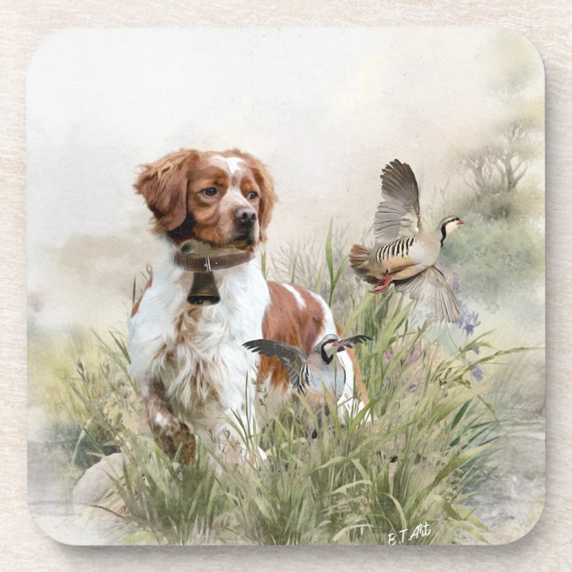 Dessous-de-verre Chasse avec un chien breton, Art (Devant)