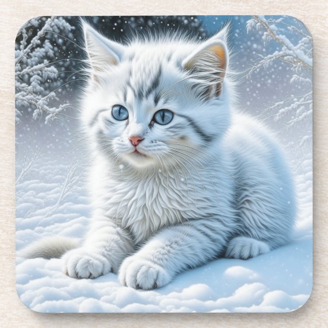 Dessous-de-verre Chat blanc mignon jouant dans la neige (Devant)
