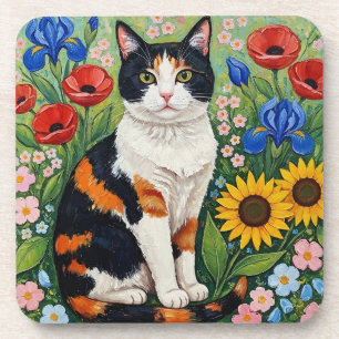 Dessous-de-verre Chat calicot et tournesols d'art populaire