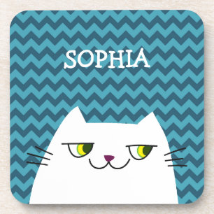 Dessous-de-verre Chat Coaster Monogramme Chevron Bleu Mignon