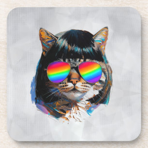 Dessous-de-verre Chat dans une perruque + Lunettes de soleil (Peint