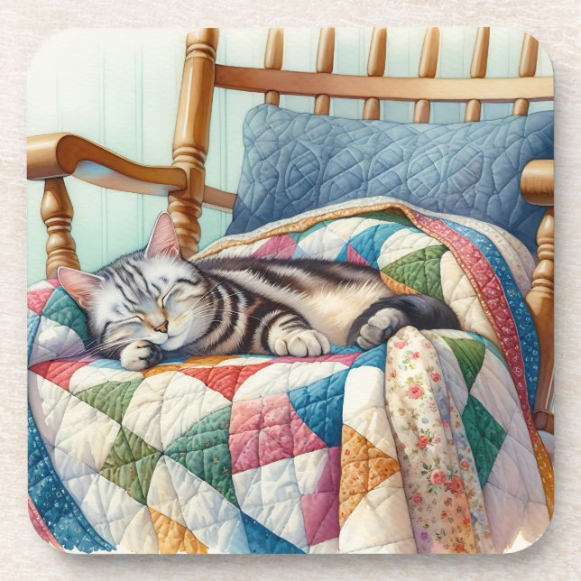 Dessous-de-verre Chat gris doux dormant sur une courtepointe (Devant)
