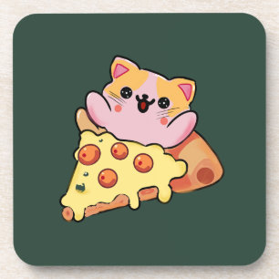 Dessous-de-verre Chat Kawaii Personnalisé Enlaçant une Pizza au Pep