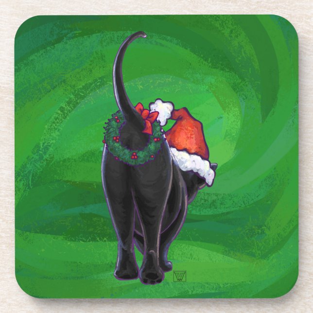 Dessous-de-verre Chat noir de Noël en vert (Devant)