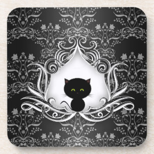 Dessous-de-verre Chat noir mignon sur Damask