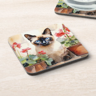 Dessous-de-verre Chat siamois Géranium rouge Fleurs Aquarelle Joli
