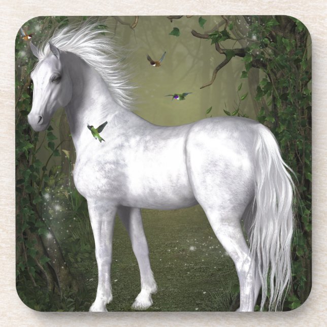 Dessous-de-verre Cheval blanc dans les bois avec des colibris (Devant)
