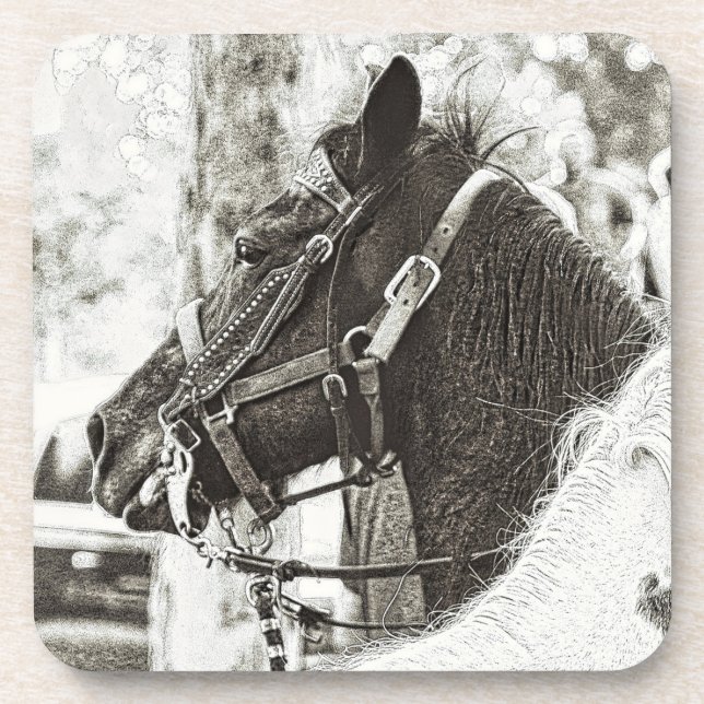 Dessous-de-verre Cheval d'art graphique original stylisé noir & bla (Devant)