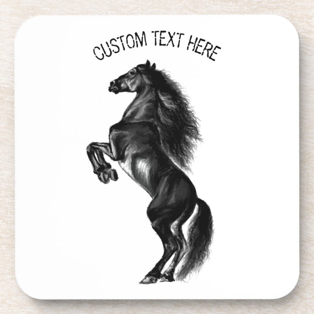 Dessous-de-verre Cheval sauvage noir dressé - Dessin noir et blanc (Devant)