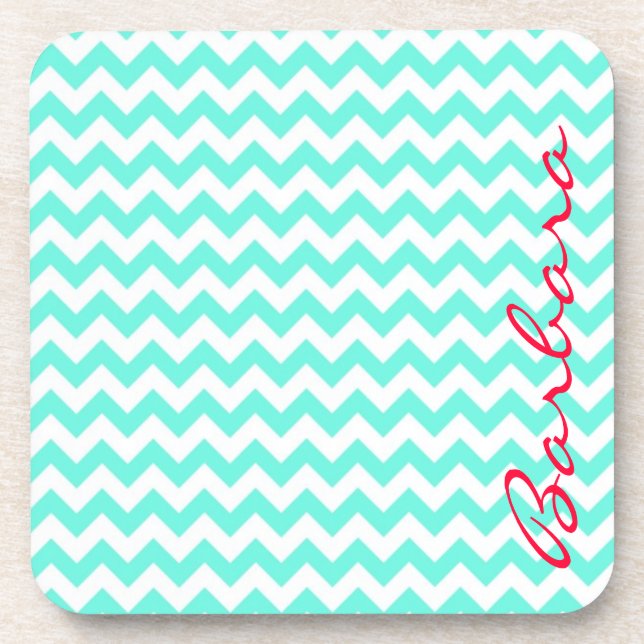 Dessous-de-verre Chevron bleu doux avec votre nom en script (Devant)