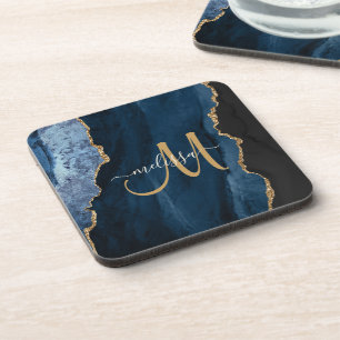 Dessous-de-verre Chic Blue Gold Agate Script Monogramme personnalis