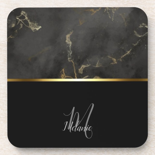 Dessous-de-verre Chic moderne en marbre noir monogramme or (Devant)