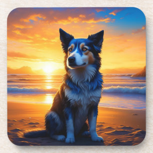 Dessous-de-verre Chien assis sur Ocean Beach au coucher du soleil