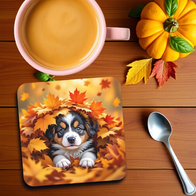 Dessous-de-verre Chien chic mignon dans les feuilles d'automne (Créateur téléchargé)